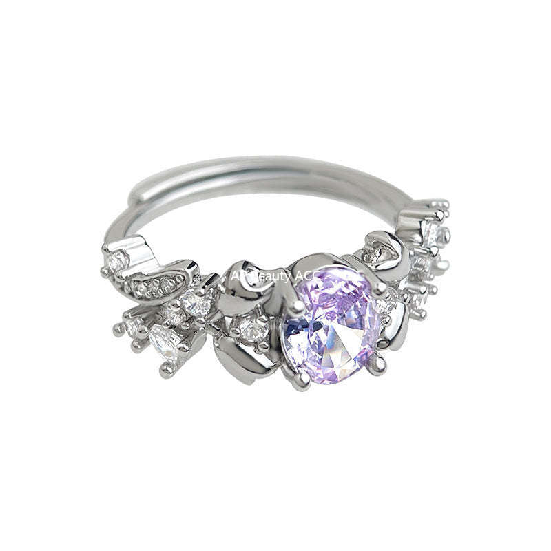 C관 - 화이트골드 도금 퍼플 큐빅 플라워 오픈형 반지 [6945] 25.10-4