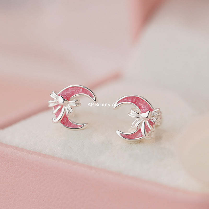 B관 - 999 실버 핑크 달 리본 피어싱 귀걸이 [YC6344E_1] 25.11-1