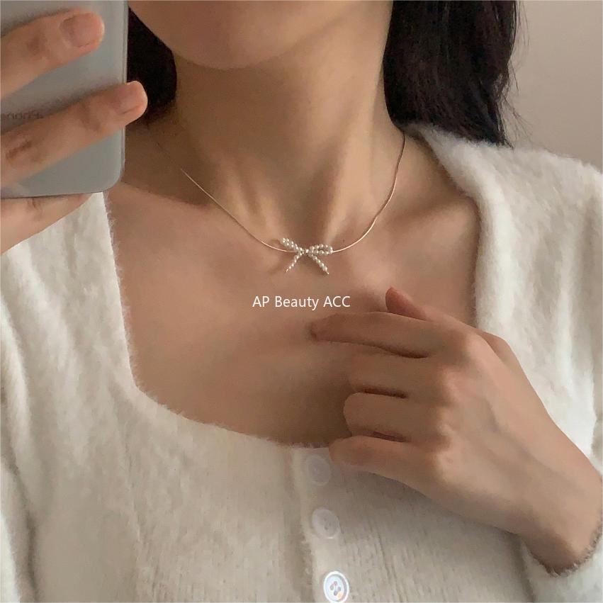 F관 - 925 실버 비즈 리본 진주 목걸이 [B1233] 25.10-3