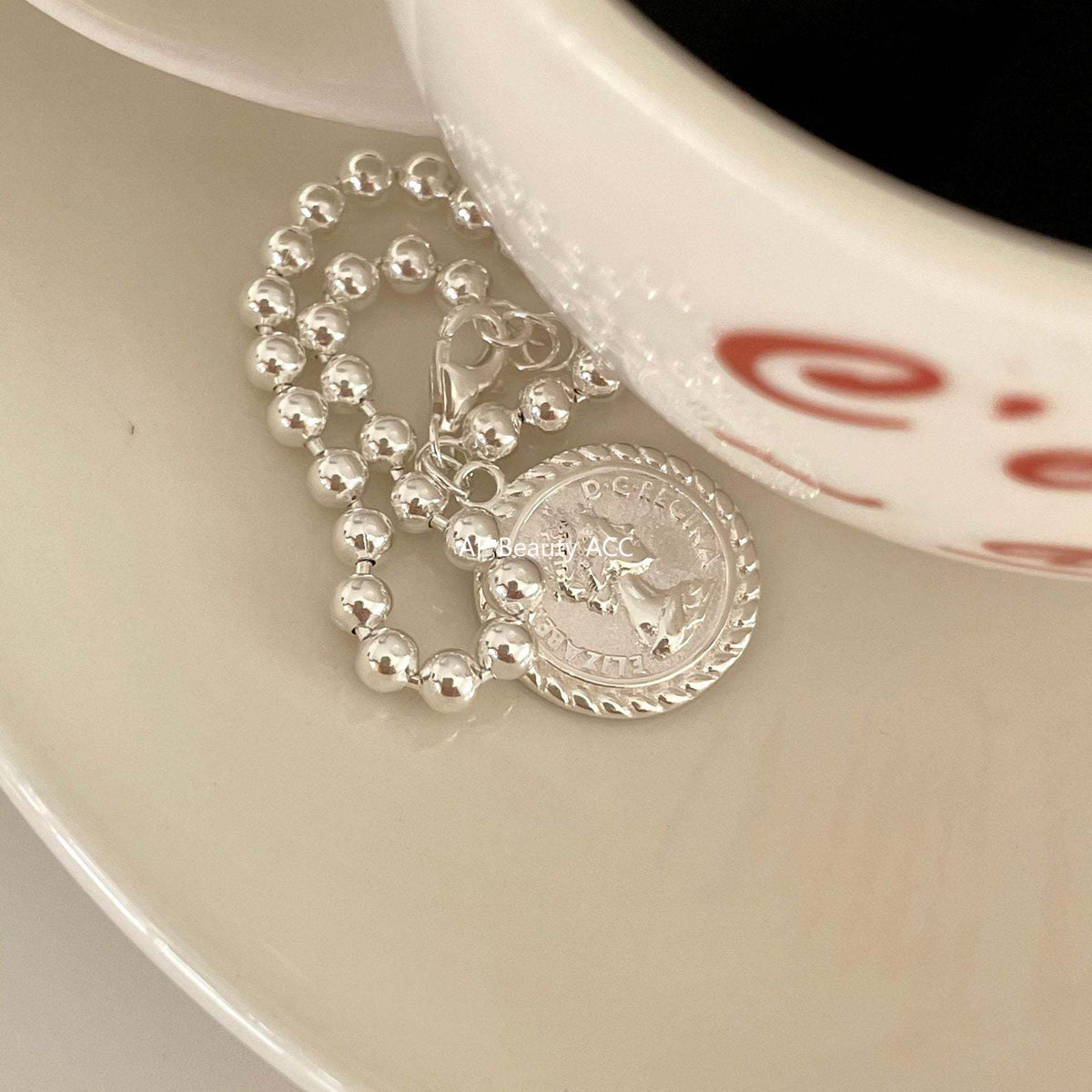F관 - 925 실버 코인 펜던트 비즈 체인 팔찌 [A162] 25.12-1