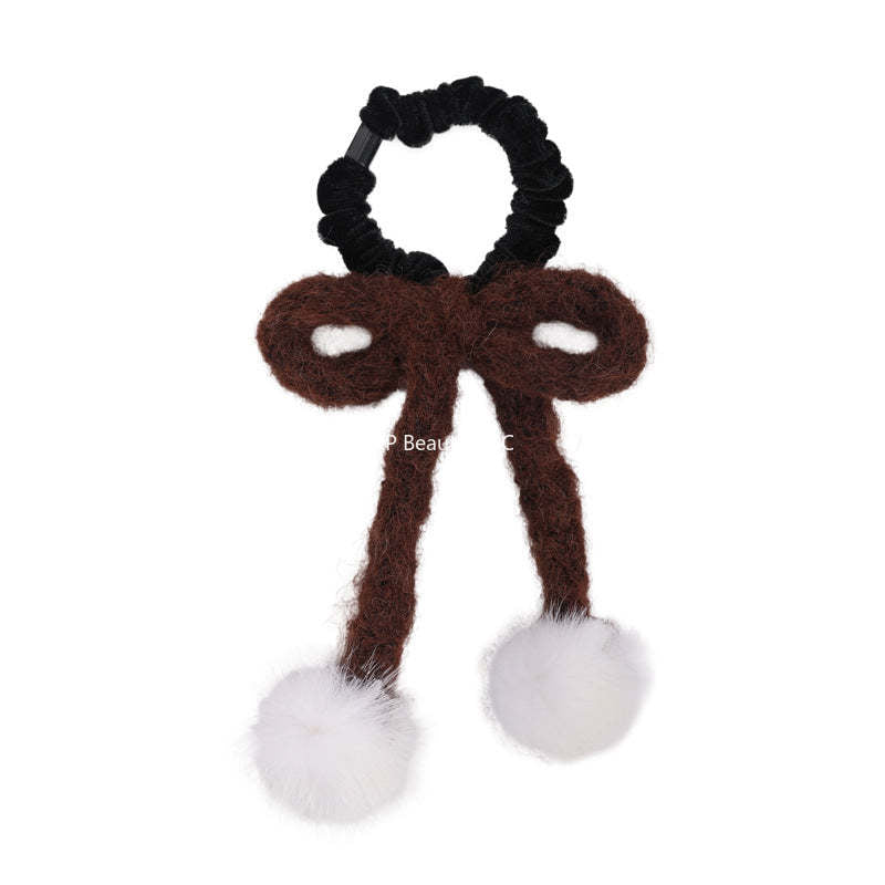 E관 - 니트 리본 디자인 퍼 볼 머리끈 헤어밴드 [26334] 25.11-3