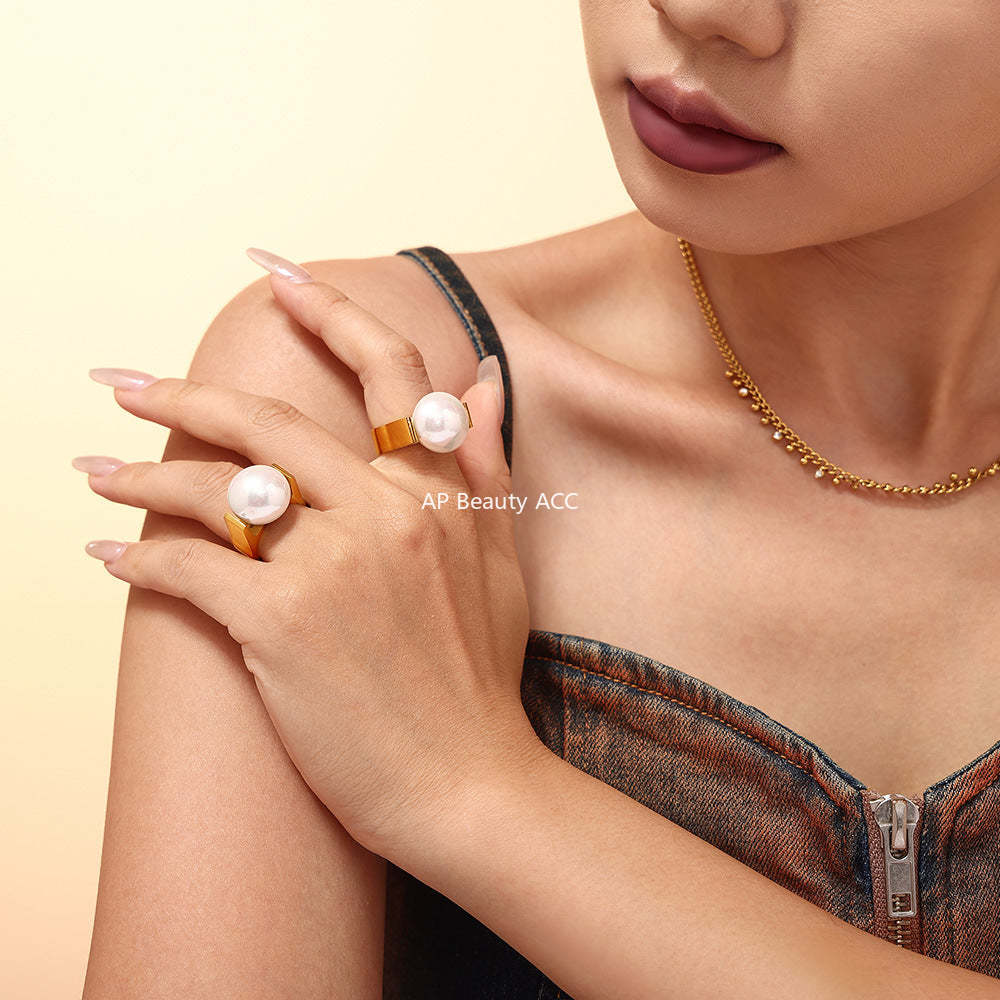 D관 - 라지 모조 진주 티타늄 스틸 18K 도금 변색 방지 반지 [A930] 24.10-1