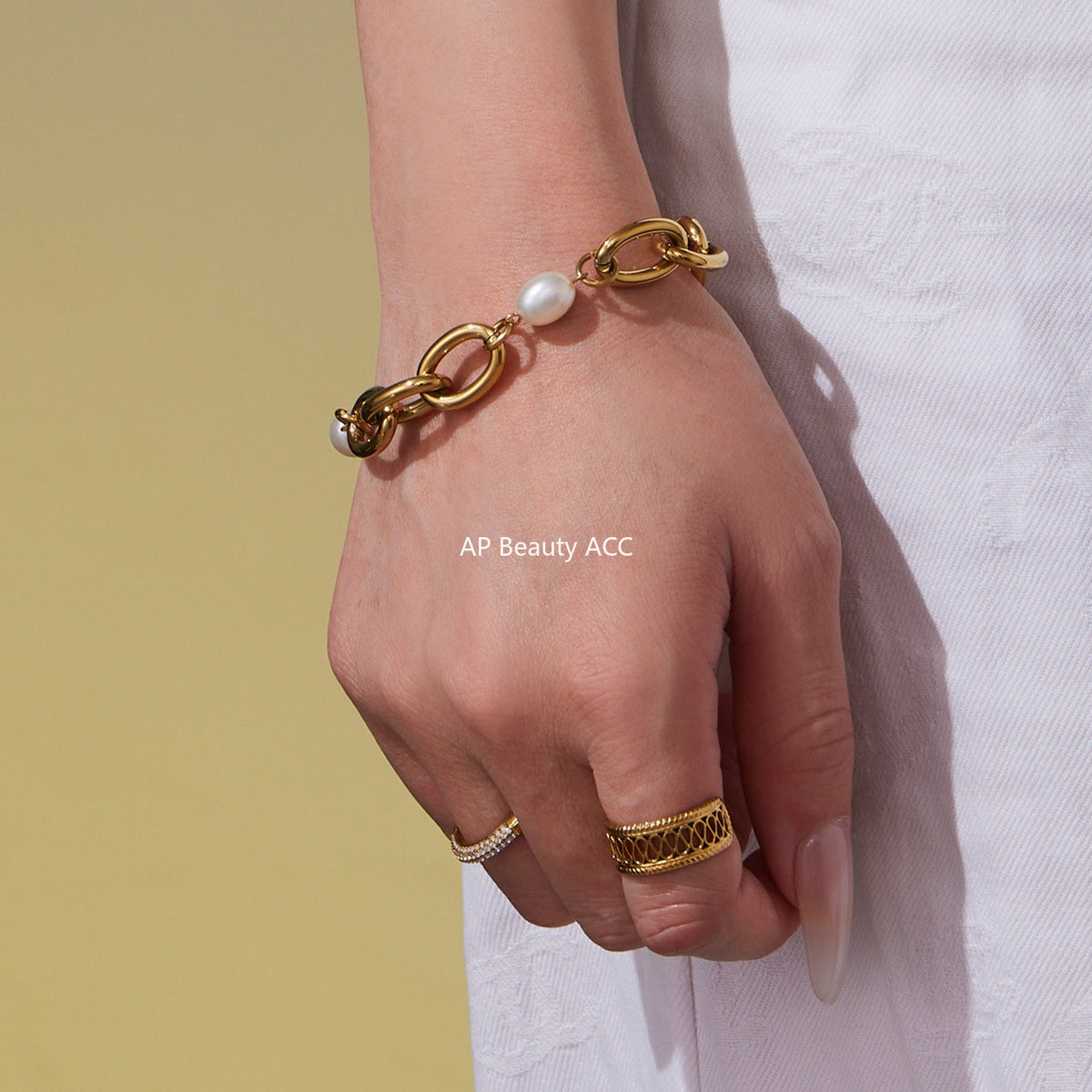 D관 - 18K 골드 도금 스테인리스 스틸 진주 핸드메이드 체인 팔찌 [E043] 25.10-1