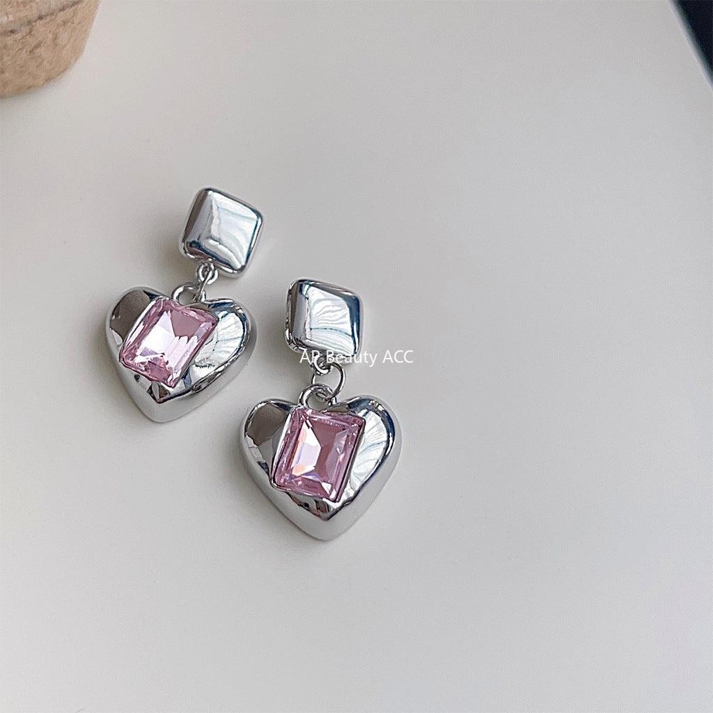 C관 - 상큼한 분홍색 유리 크리스탈 하트 은침 귀걸이 [3682] 24.03-5