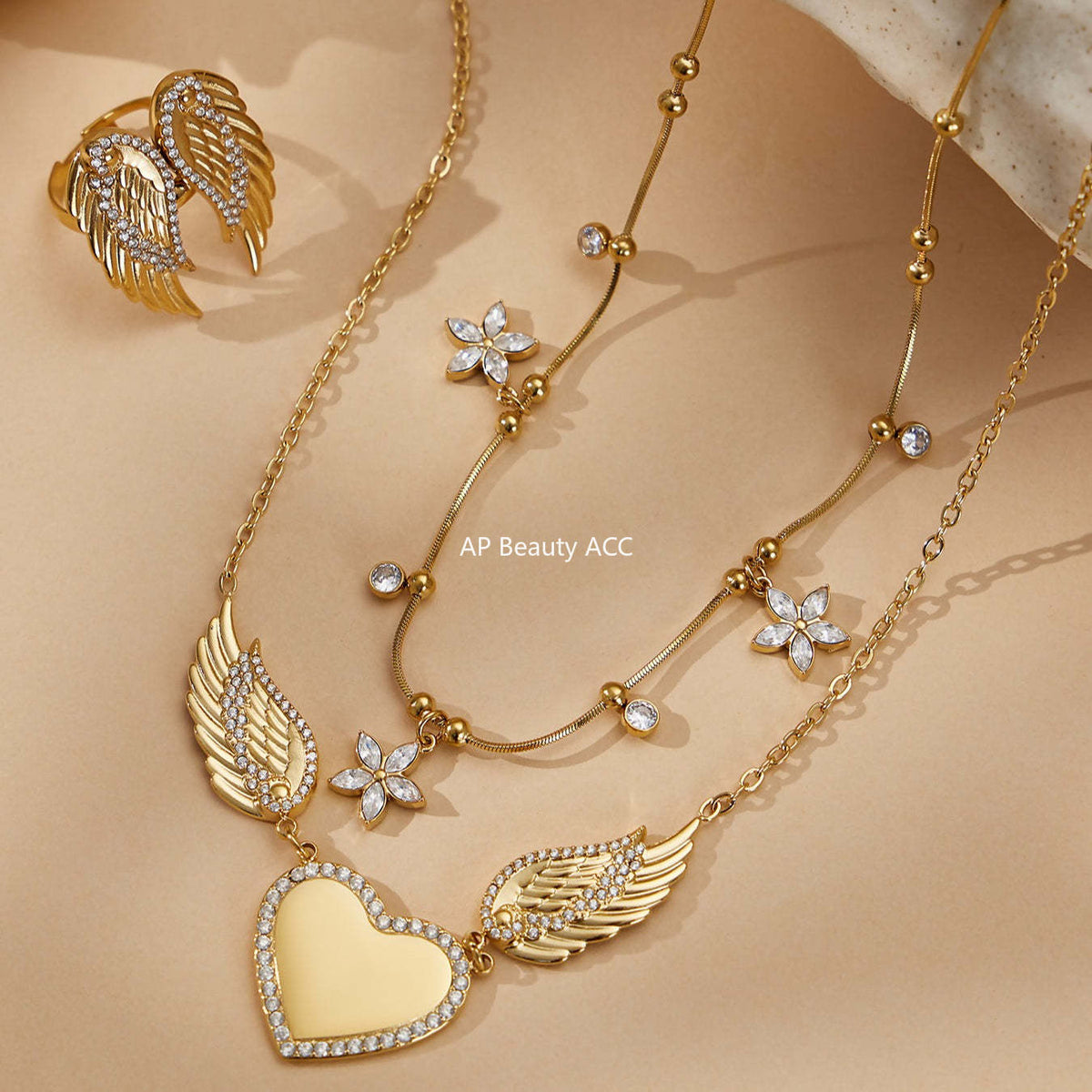 D관 - 스테인리스 스틸 18K 도금 큐빅 하트 날개 펜던트 목걸이 반지 [TXP523] 25.12-3