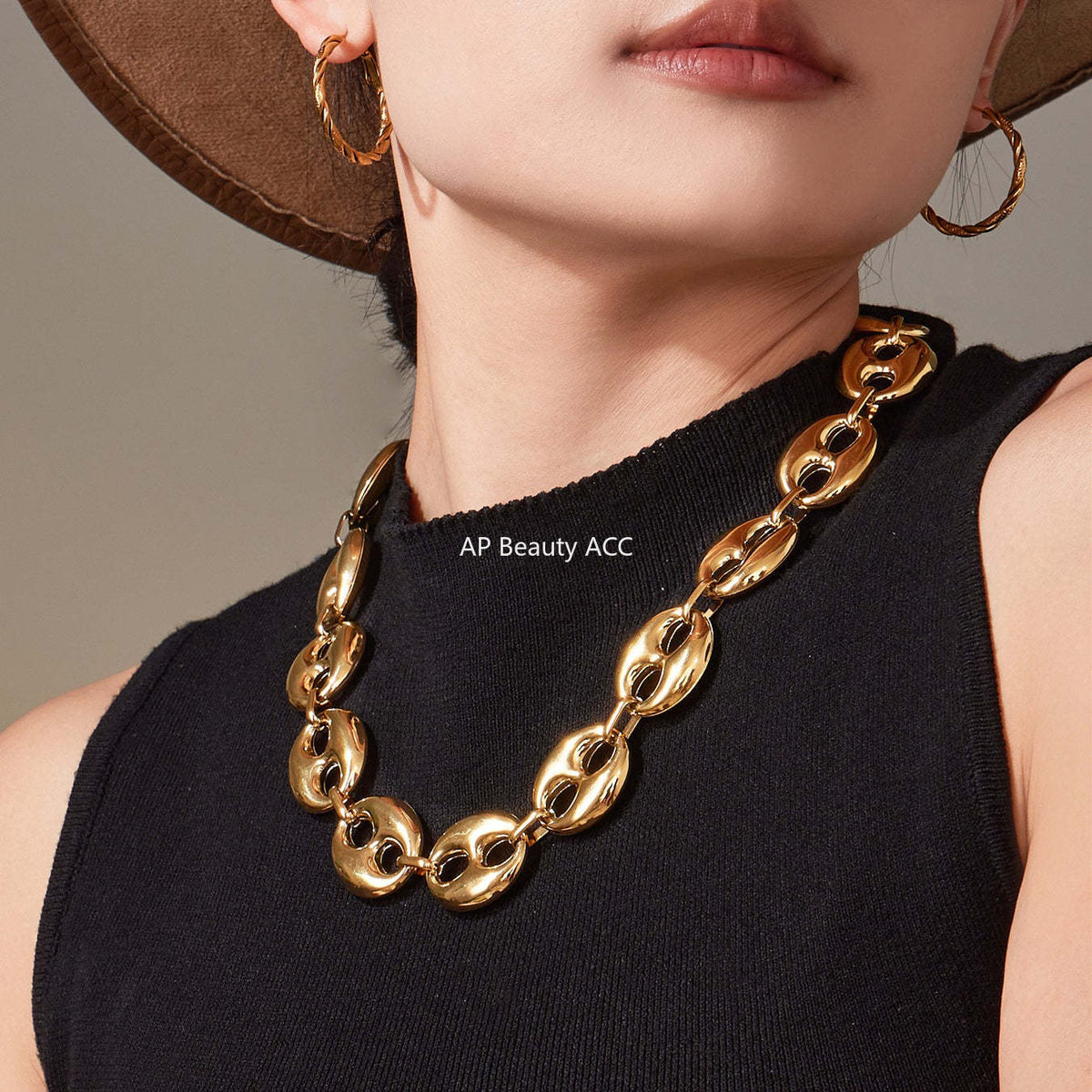 D관 - 타원형 돼지코 모양 체인 18K 도금 스테인리스 목걸이 팔찌 [TXP466] 25.11-3