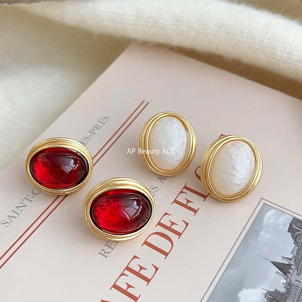 C관 - 프렌치 레트로 홍콩 스타일 와인 레드 타원형 14K 도금 무광 귀걸이 [3570-3571] 24.01-2