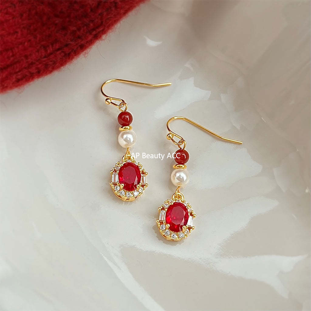 C관 - 풀큐빅 홍마노 진주 롱 드롭 핸드메이드 귀걸이 [7028] 25.11-1