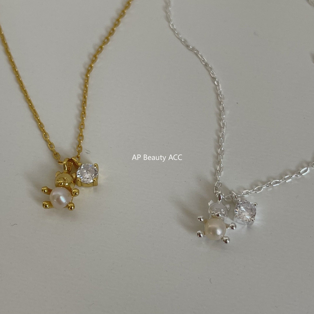 F관 - 925 실버 큐빅 진주 곰 펜던트 목걸이 [B1034] 25.11-2