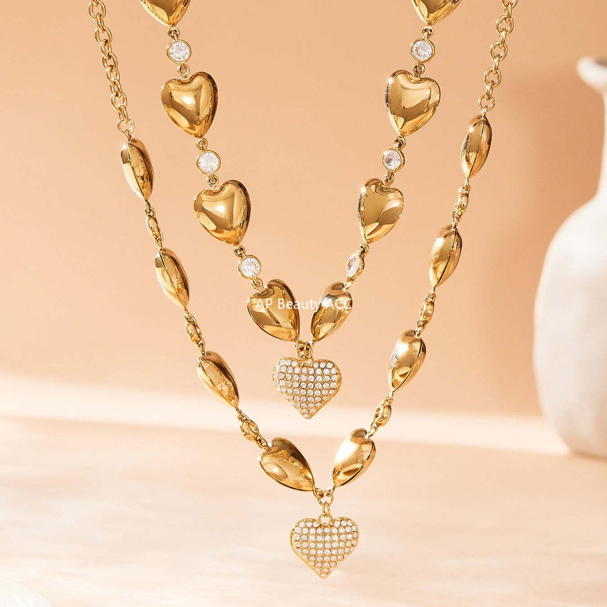D관 - 풀큐빅 하트 디자인 스테인리스 18K 도금 목걸이 [P1344] 25.11-3