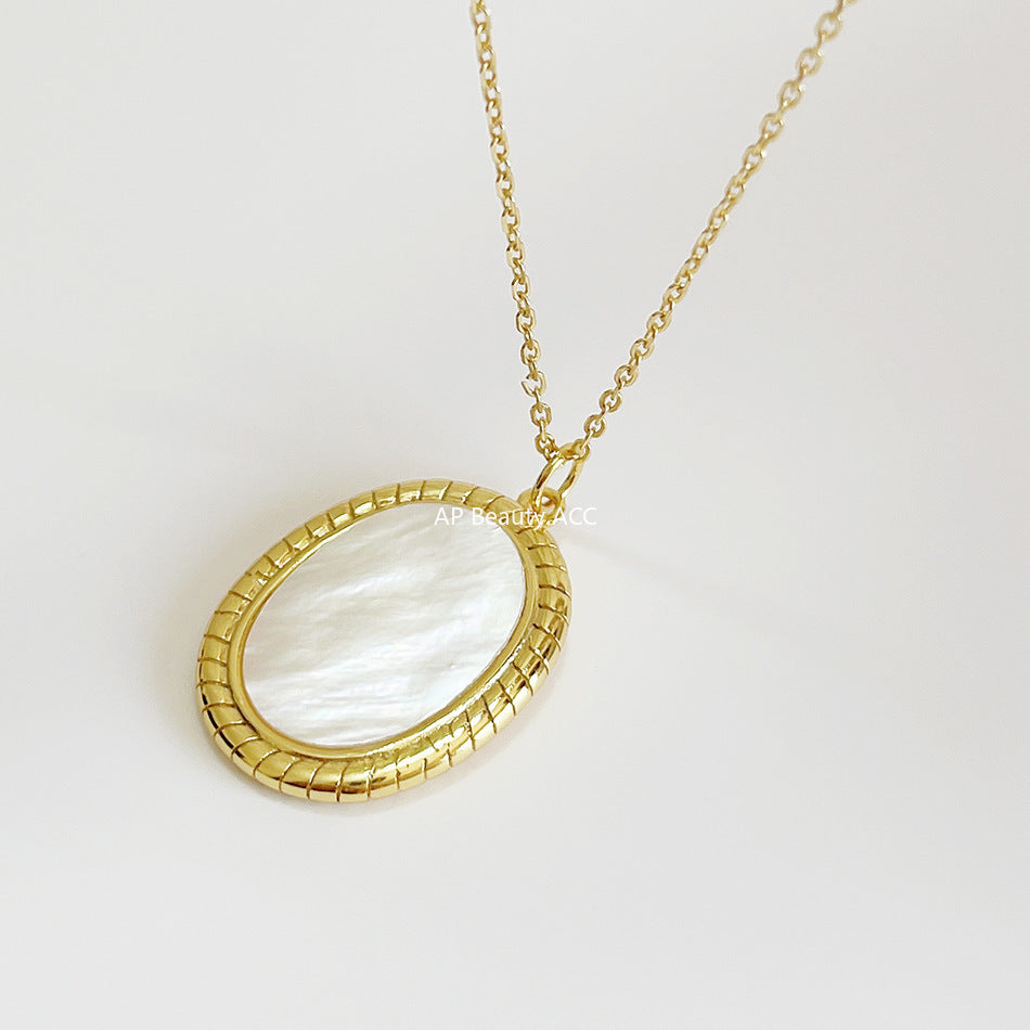 F관 - 925 실버 타원형 자개 펜던트 목걸이 [B467] 25.10-3