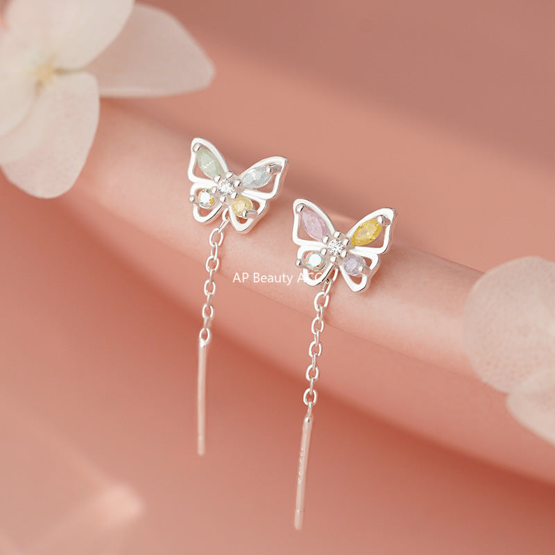 B관 - 999 실버 컬러 큐빅 나비 드롭 체인 귀걸이 [YC6414E] 25.11-2