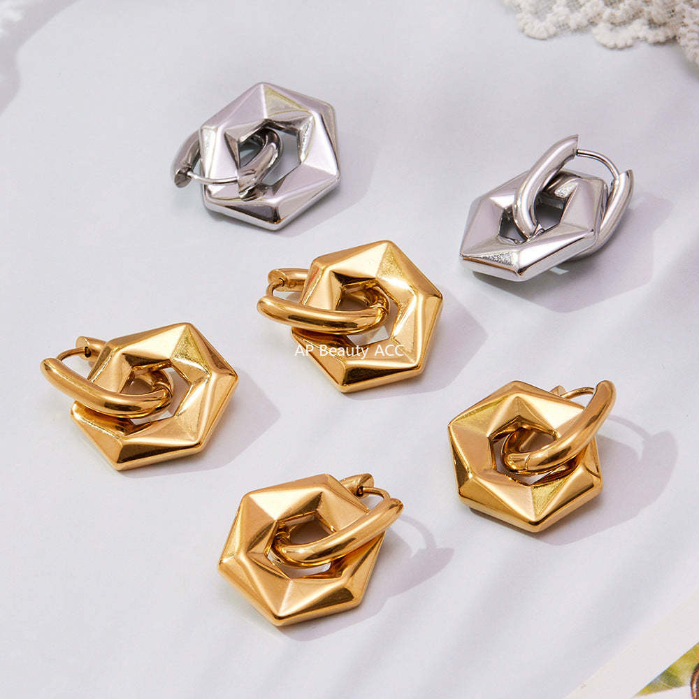 D관 - 스테인리스 18K 도금 비정형 육각형 펜던트 귀걸이 [F364] 25.10-5