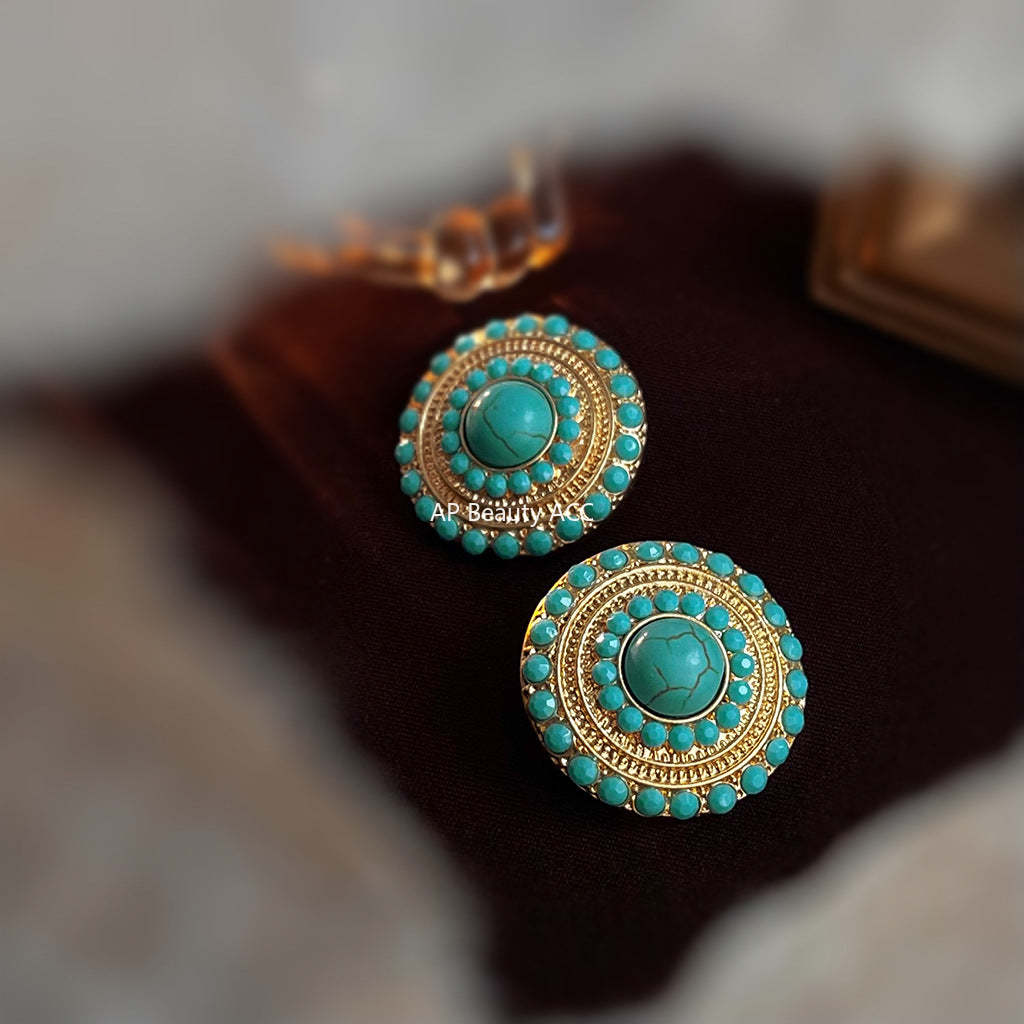 C관 - 합성 터키석 기하학 원형 빈티지 14K 도금 세련된 귀걸이 [4314] 24.07-1