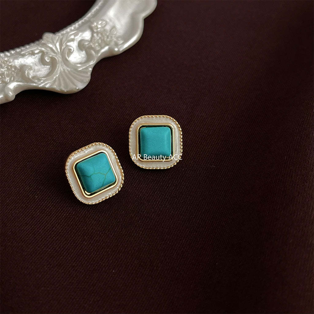 C관 - 합성 터키석 에나멜 사각형 기하학 14K 도금 복고풍 귀걸이 [4309] 24.07-1