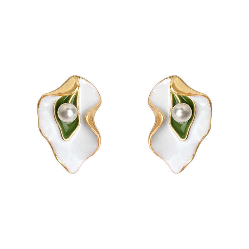 C관 - 925 은침 핸드페인팅 나뭇잎 디자인 진주 귀걸이 [6780] 25.09-4