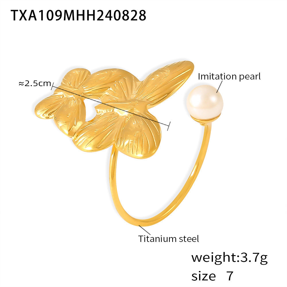 D관 - 캐주얼 럭셔리 감성 트렌디 진주 플라워 티타늄 스틸 18K 변색 방지 반지 [F111-A110] 24.09-1