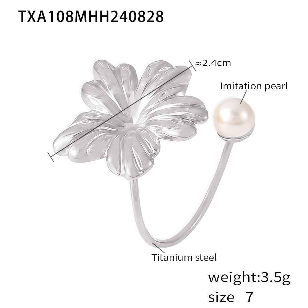D관 - 캐주얼 럭셔리 감성 트렌디 진주 플라워 티타늄 스틸 18K 변색 방지 반지 [F111-A110] 24.09-1