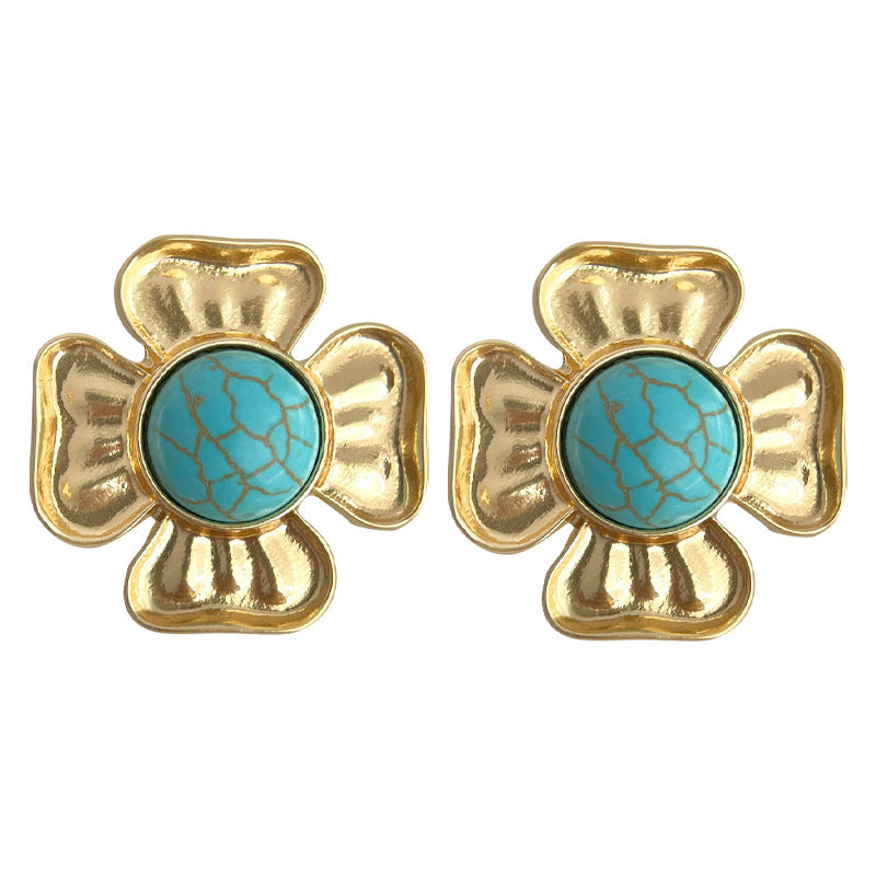 C관 - 프렌치 스타일 합성 터키석 무광 14K 도금 은침 귀걸이 [4311] 24.06-4