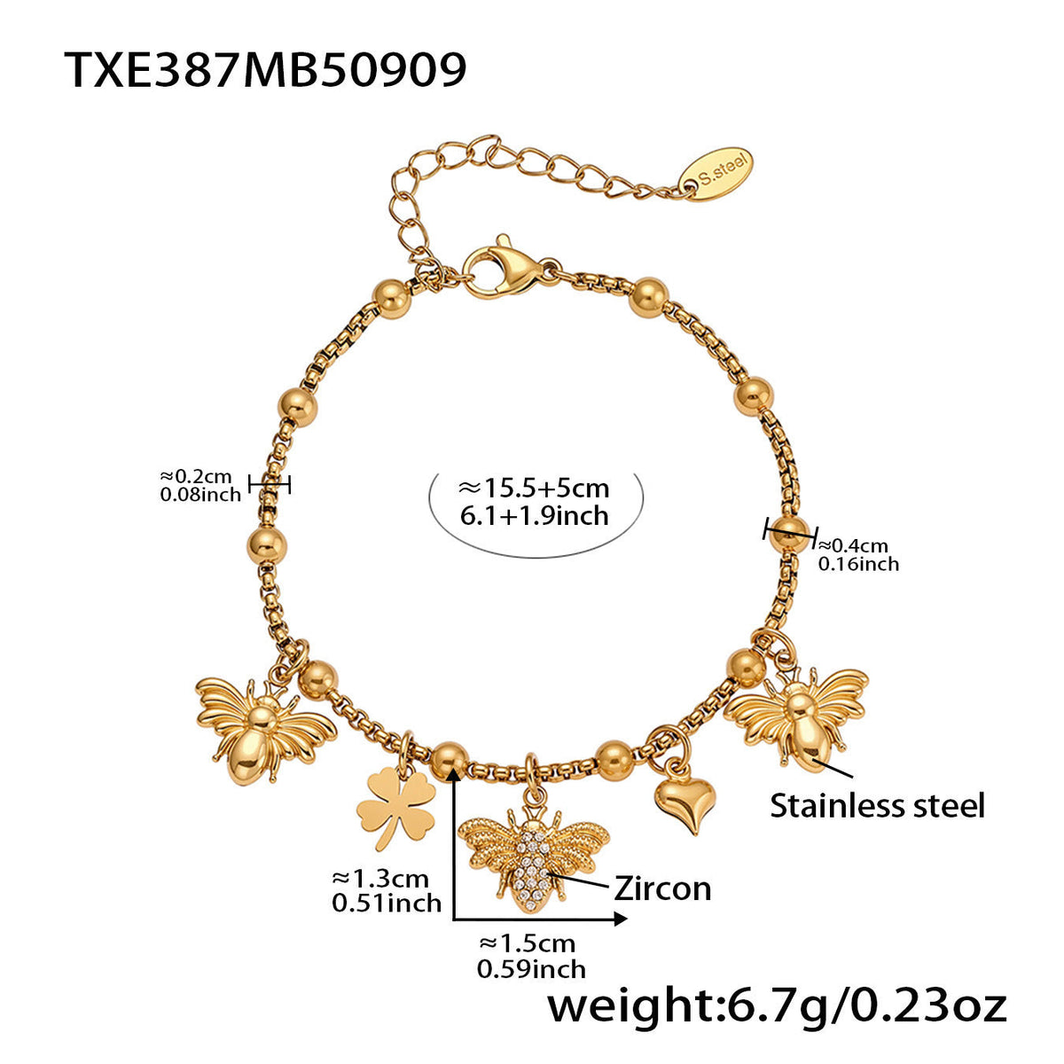 D관 - 18K 도금 스테인리스 스틸 큐빅 벌 클로버 펜던트 목걸이 팔찌 [TXP387-TXE387] 25.09-2