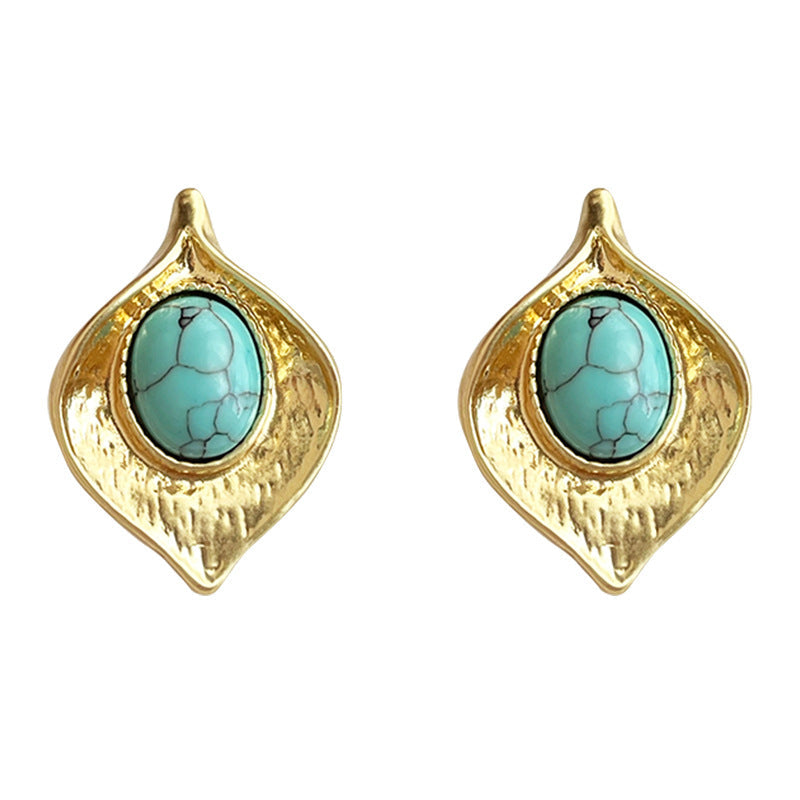 C관 - 14K 도금 잎 디자인 합성 터키석 귀걸이 [5032] 25.03-2