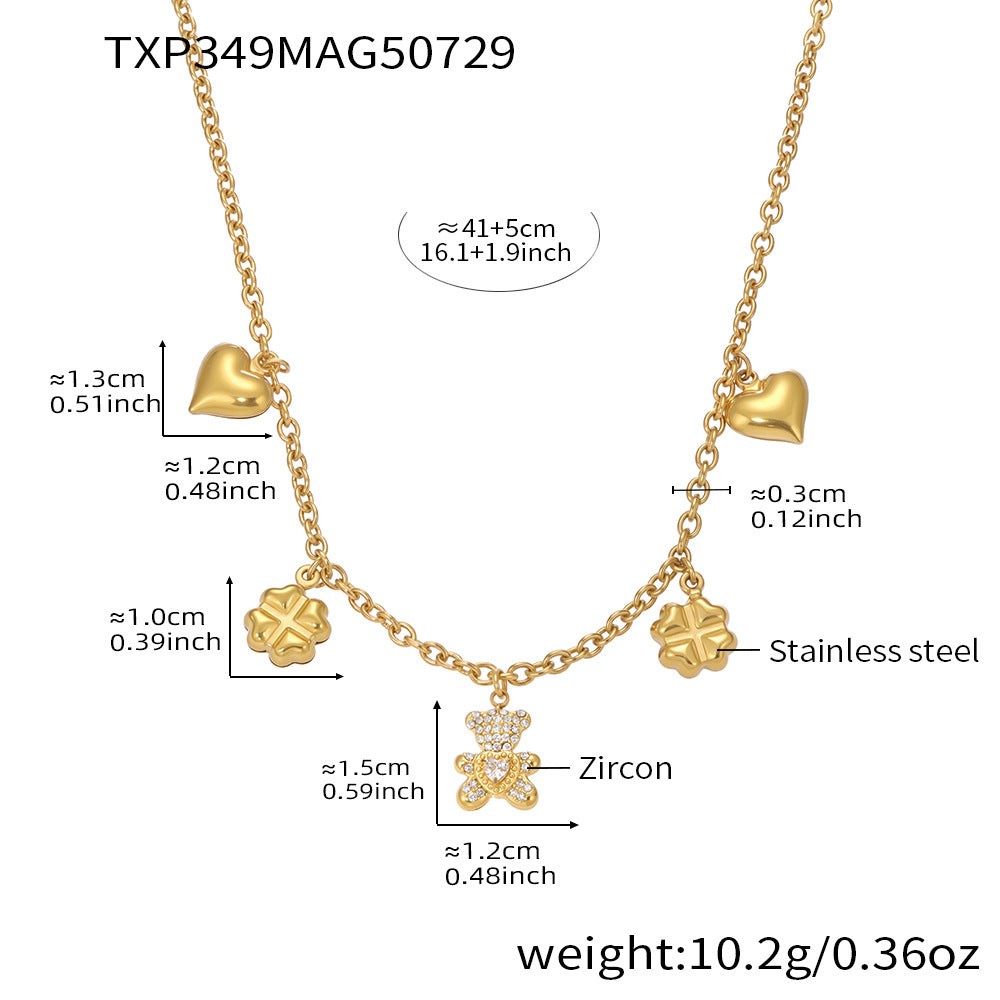 D관 - 18K 도금 곰 하트 네잎클로버 스테인리스 스틸 목걸이 팔찌 [TXP349-TXE349] 25.08-2