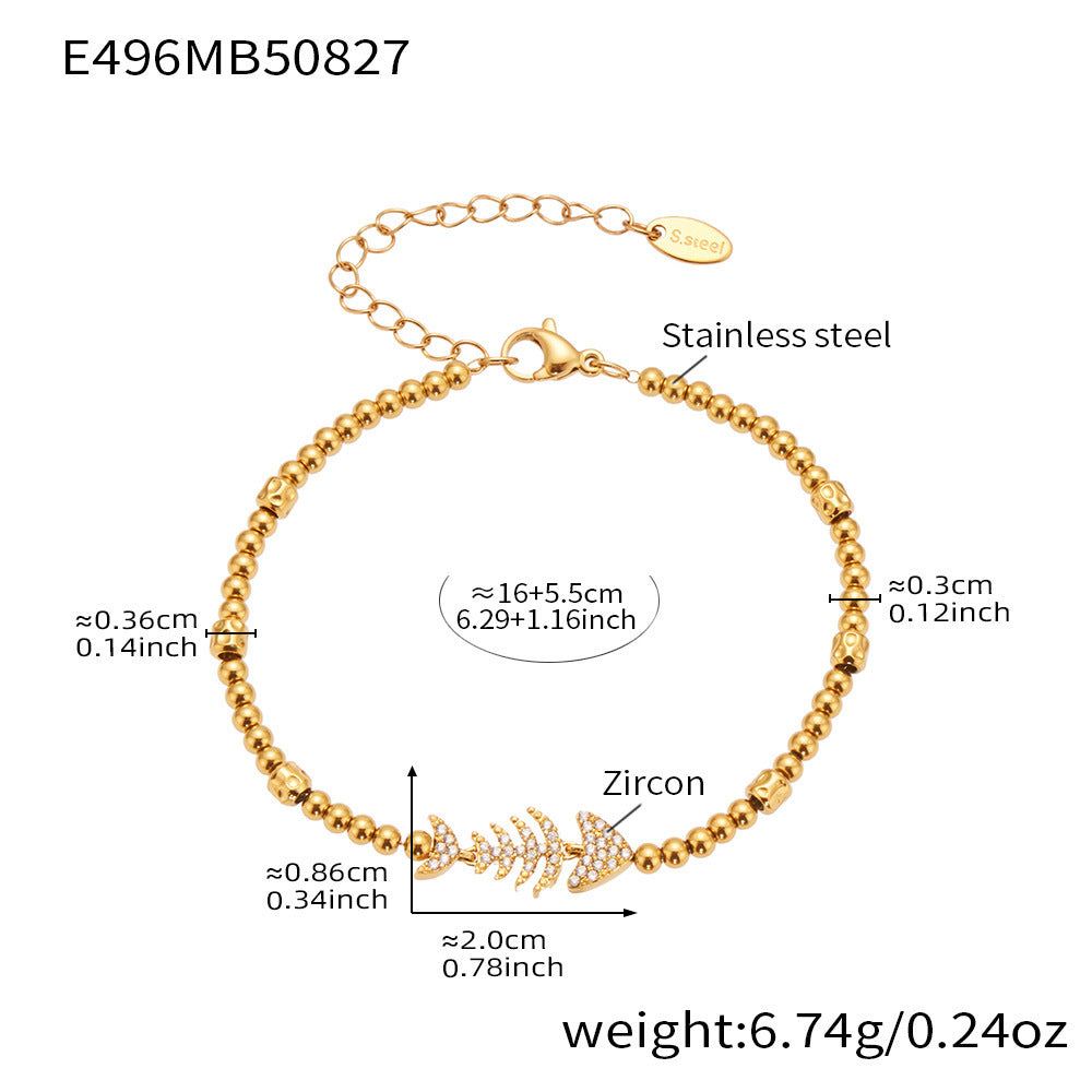 D관 - 스테인리스 스틸 원형 큐빅 물고기 뼈 펜던트 18K 도금 팔찌 [E526-E488-E496] 25.09-1