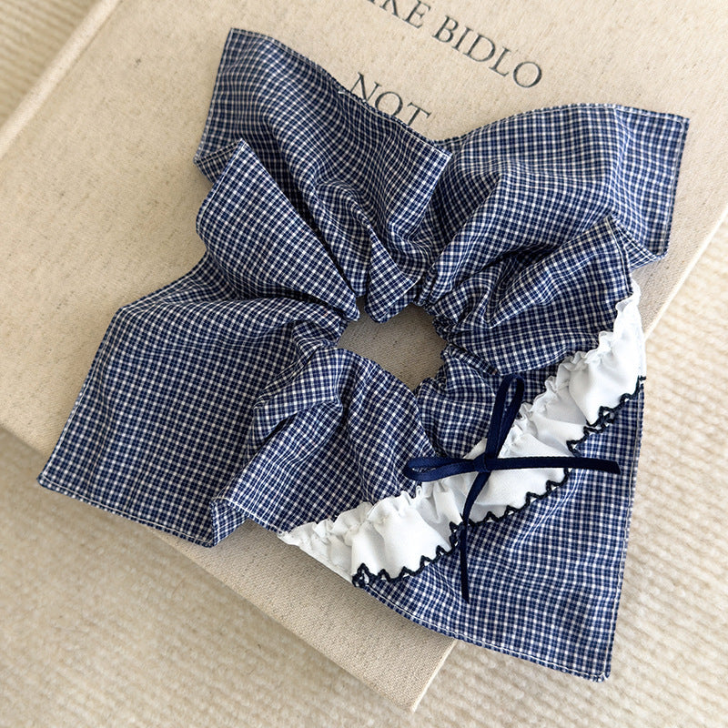 E관 - 블루 체크 패브릭 레이스 리본 곱창 헤어밴드 [26462] 25.10-2