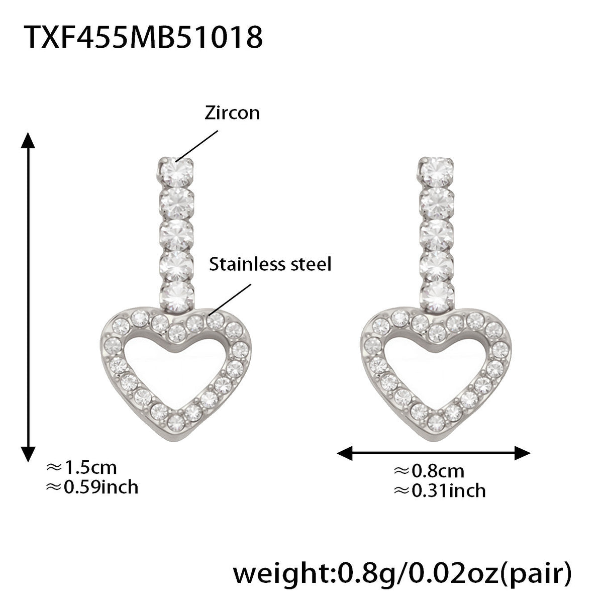 D관 - 스테인리스 스틸 풀큐빅 하트 체인 귀걸이 목걸이 팔찌 [TXP455] 25.10-4