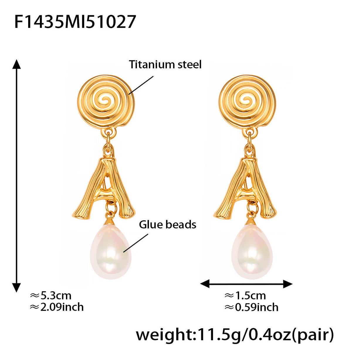 D관 - 스테인리스 18K 도금 나선형 A 이니셜 진주 귀걸이 [F1435] 25.10-5
