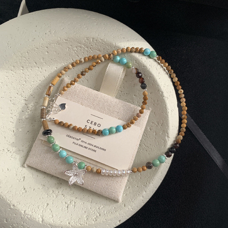 A관 - 925 실버 핸드메이드 진주 플라워 재스퍼 아게이트 팔찌 목걸이 [1540] 25.11-2