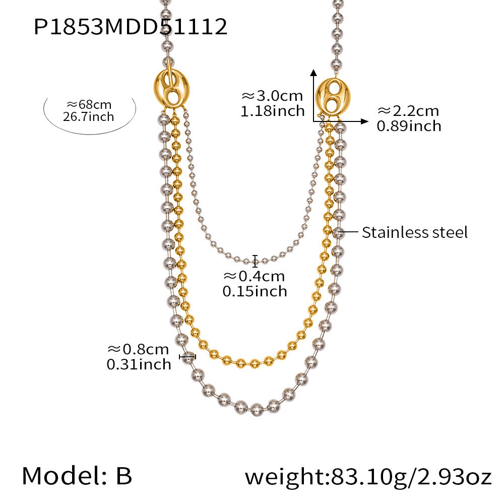D관 - 투톤 하트 라운드 비즈 체인 레이어드 스테인리스 목걸이 [P1853] 25.11-3