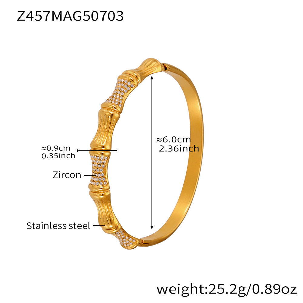 D관 - 대나무 물결 디자인 큐빅 스테인리스 스틸 18K 도금 팔찌 [Z454] 25.07-2