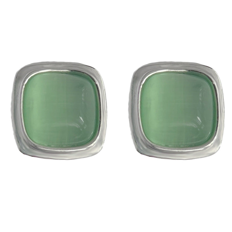 C관 - 글라스 묘안석 사각형 기하학 그린 귀걸이 [4615] 24.07-3