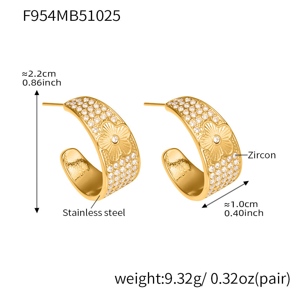 D관 - 스테인리스 18K 도금 빈티지 C자형 풀큐빅 플라워 귀걸이 [F954-F983] 25.10-5