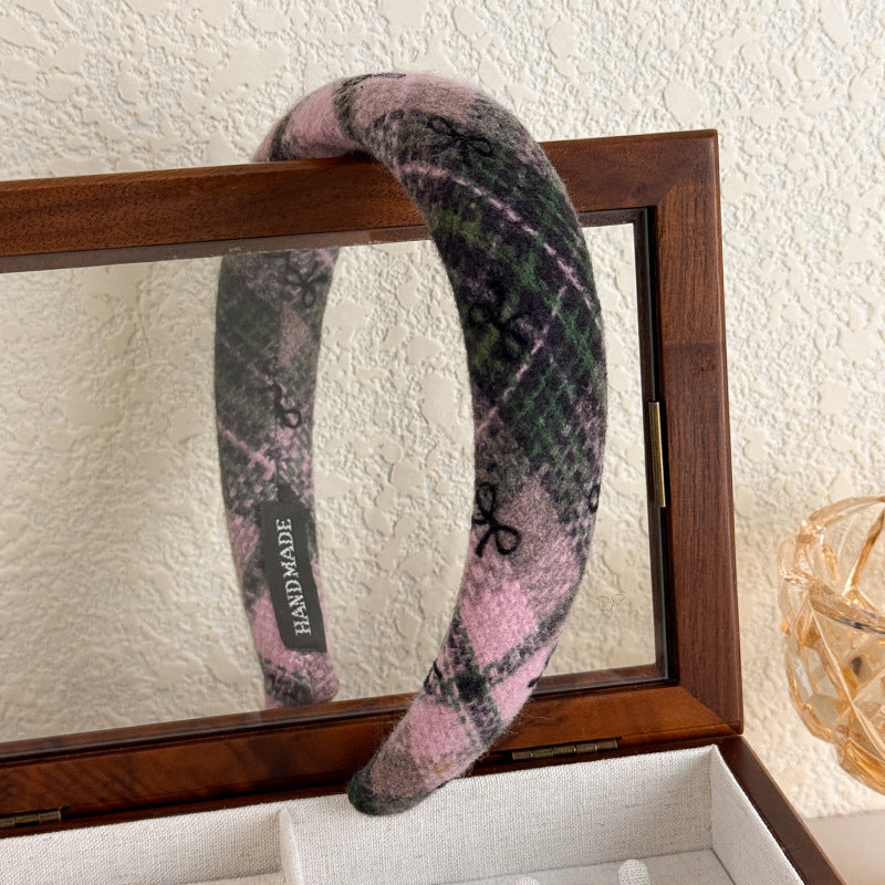 E관 - 모직 체크 리본 패턴 볼륨 머리띠 [26085] 25.11-3