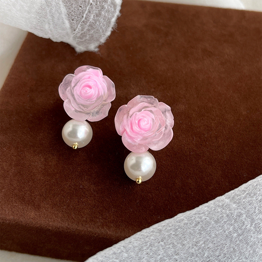 C관 - 분홍 장미 은침 스윗한 글라스 진주 14K 도금 여름 귀걸이 [4412-4413] 24.06-4