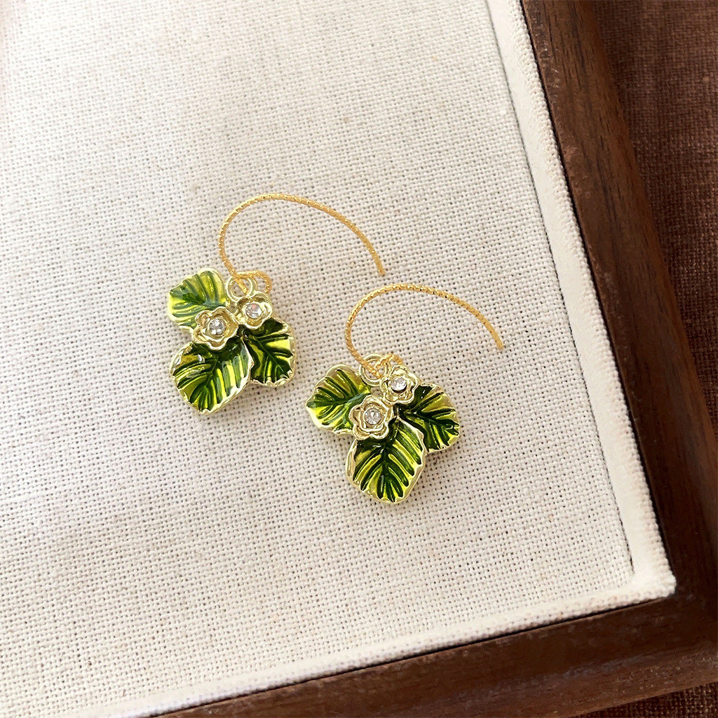 C관 - 14K 도금 고급스러운 글라스 진주 포도 잎 귀걸이 [4176] 24.05-5