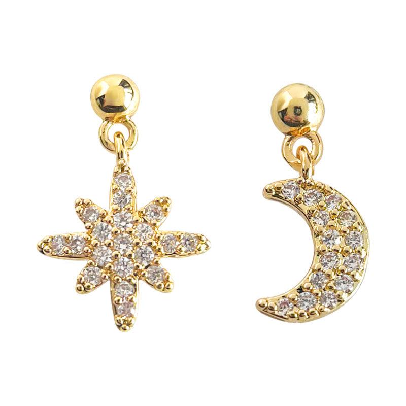 C관 - 미니 큐빅 비대칭 별 달 디자인 14K 도금 은침 유니크 귀걸이 [3616] 24.03-2