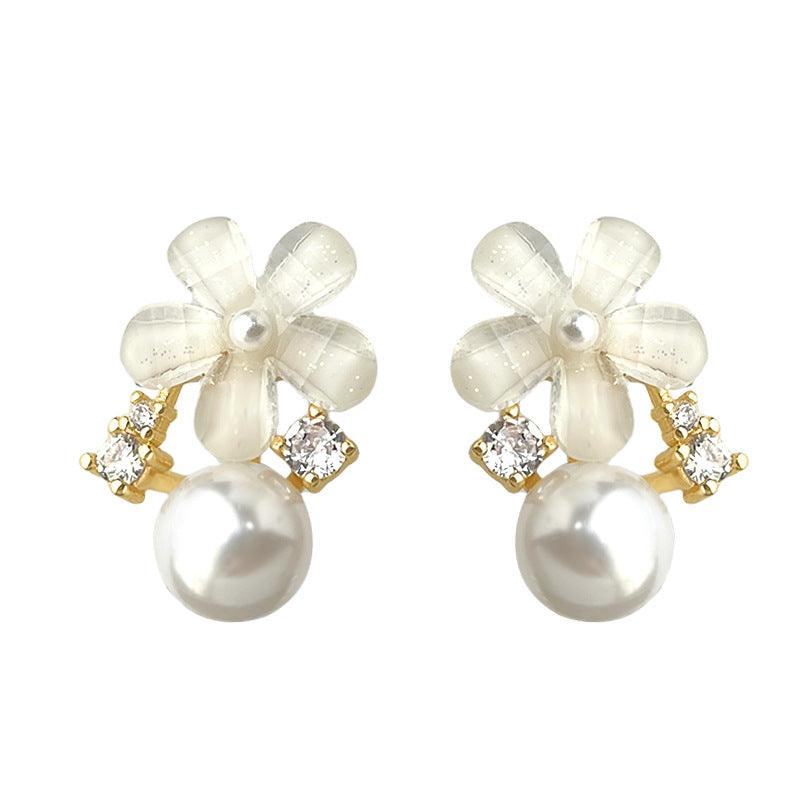 C관 - 큐빅 레진 진주 플라워 14K 도금 925 은침 귀걸이 [5838] 25.04-2