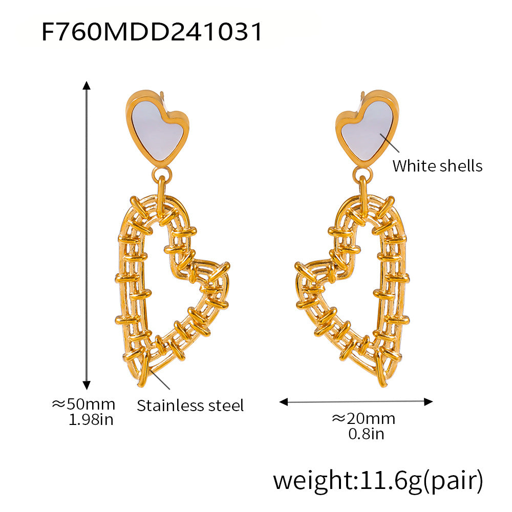 D관 - 프렌치 럭셔리 더블 하트 화이트 쉘 스테인리스 스틸 PVD 18K 도금 귀걸이 목걸이 [P2082-F760] 24.11-2