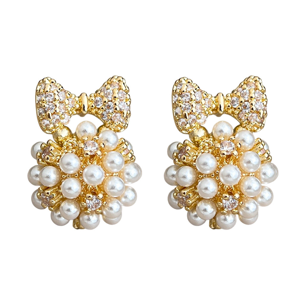 C관 - 리본 큐빅 진주 925 은침 귀걸이 [7204] 25.12-2