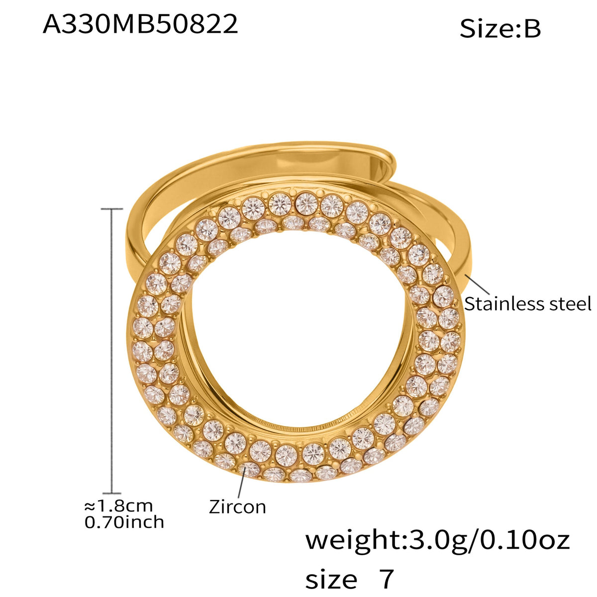 D관 - 스테인리스 스틸 풀 큐빅 하트 원형 오픈형 반지 [A330-A331] 25.09-4