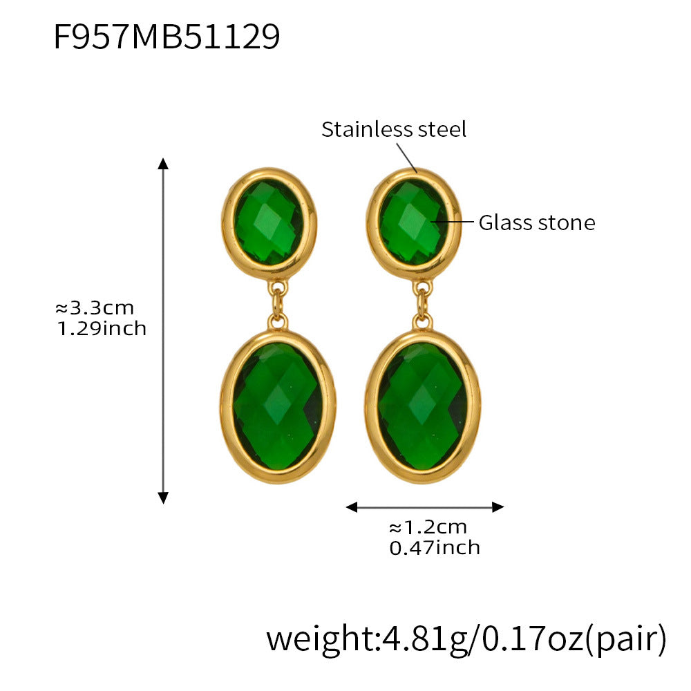 D관 - 스테인리스 스틸 18K 도금 타원 컷팅 글라스 스톤 펜던트 귀걸이 [F957] 25.12-1