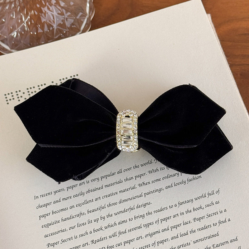 E관 - 블랙 벨벳 리본 큐빅 바나나 집게핀 [27735] 25.12-1