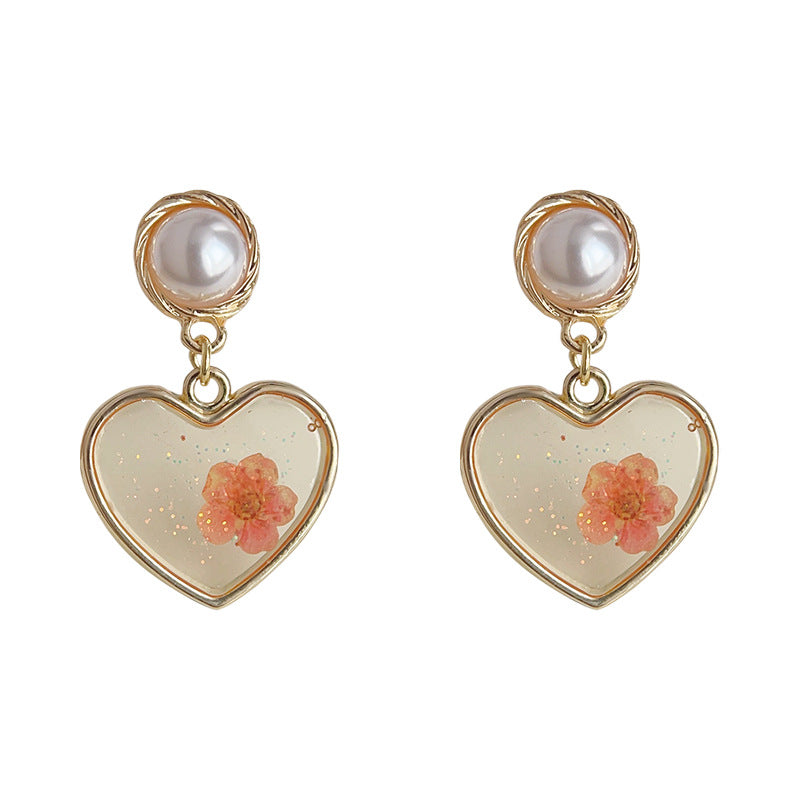 C관 - 숲 속 스타일 진 건조 꽃 오일 코팅 하트 수공예 14K 도금 은침 귀걸이 [3697] 24.04-2