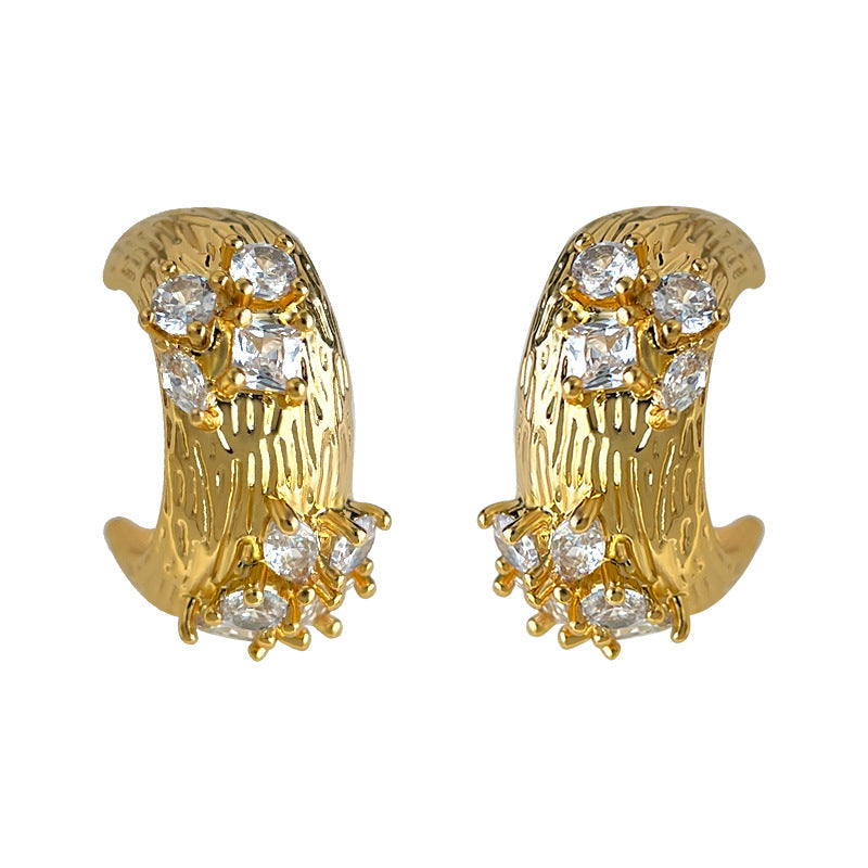 C관 - 큐빅 주름 반원 디자인 925 은침 귀걸이 [7103] 25.11-3