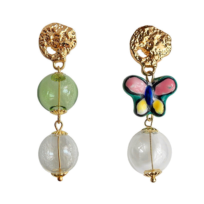C관 - 원조 디자인 예술적인 불규칙 유리 기포 세라믹 나비 14K 도금 귀걸이 [3832] 24.04-4