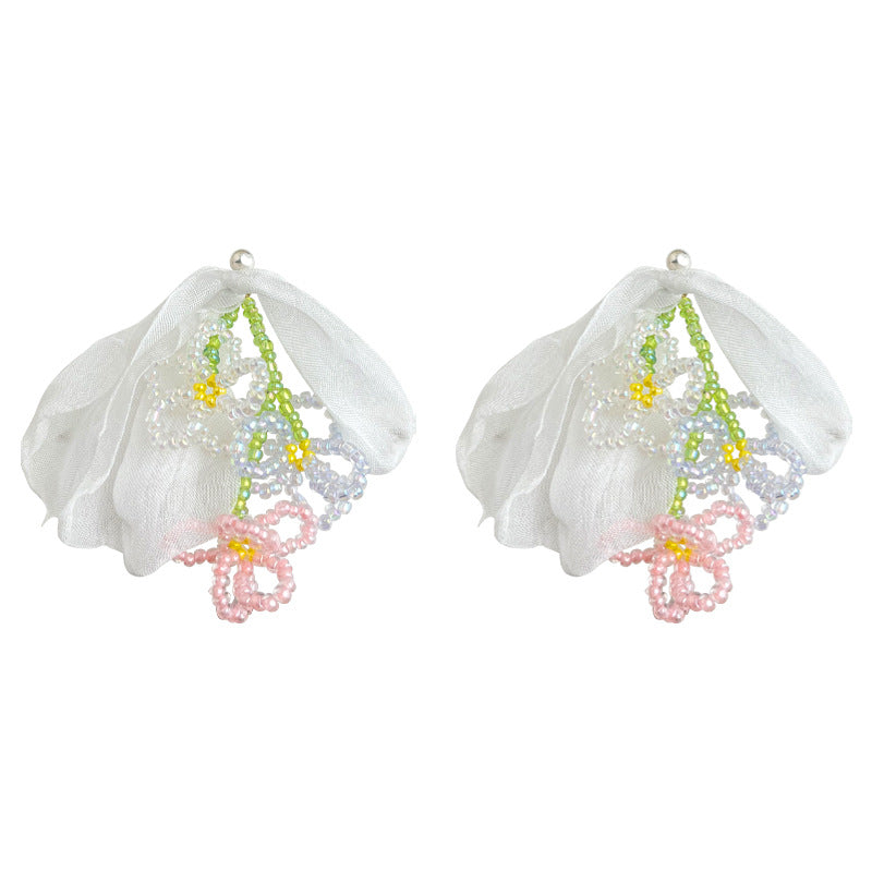 C관 - 롱 드롭 태슬 비즈 플라워 패브릭 은침 귀걸이 [5579] 25.03-2