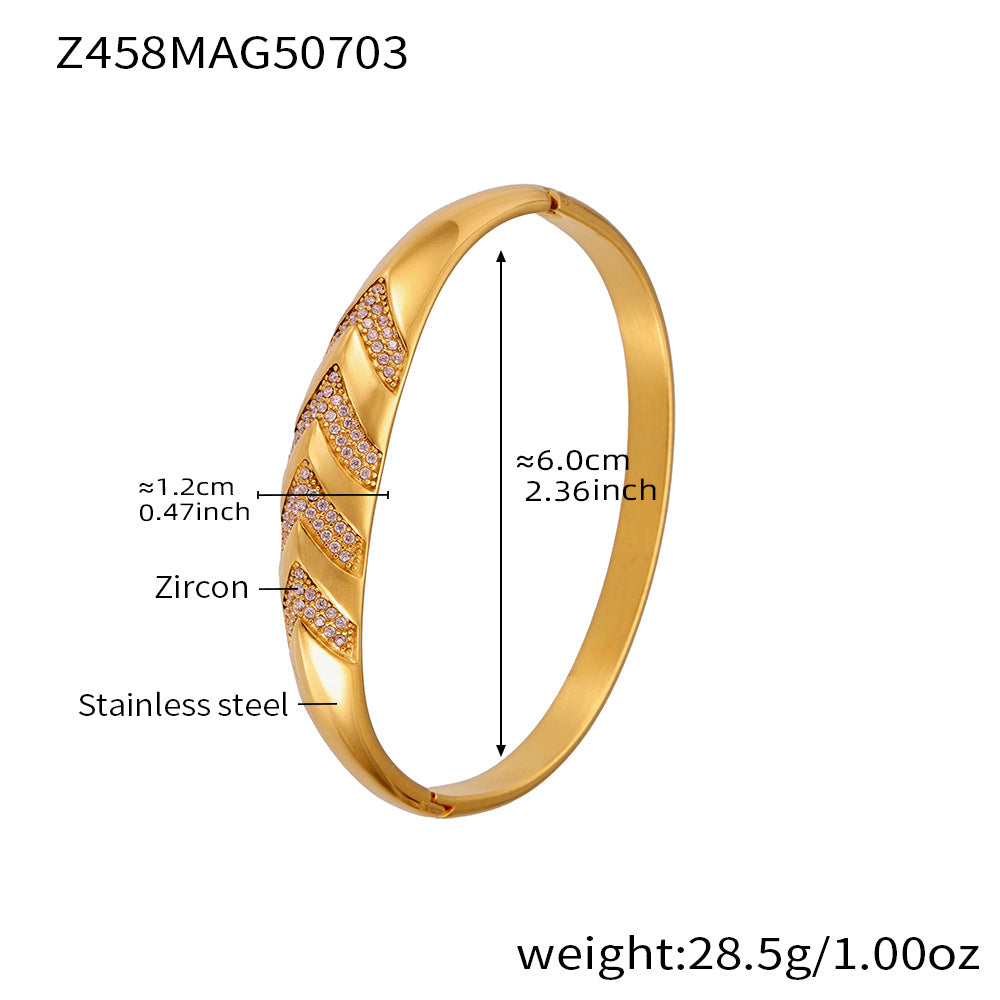 D관 - 대나무 물결 디자인 큐빅 스테인리스 스틸 18K 도금 팔찌 [Z454] 25.07-2